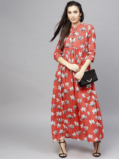 Red &amp; White Floral Printed Pleated Maxi (Fully Stitched) - Znxclothing