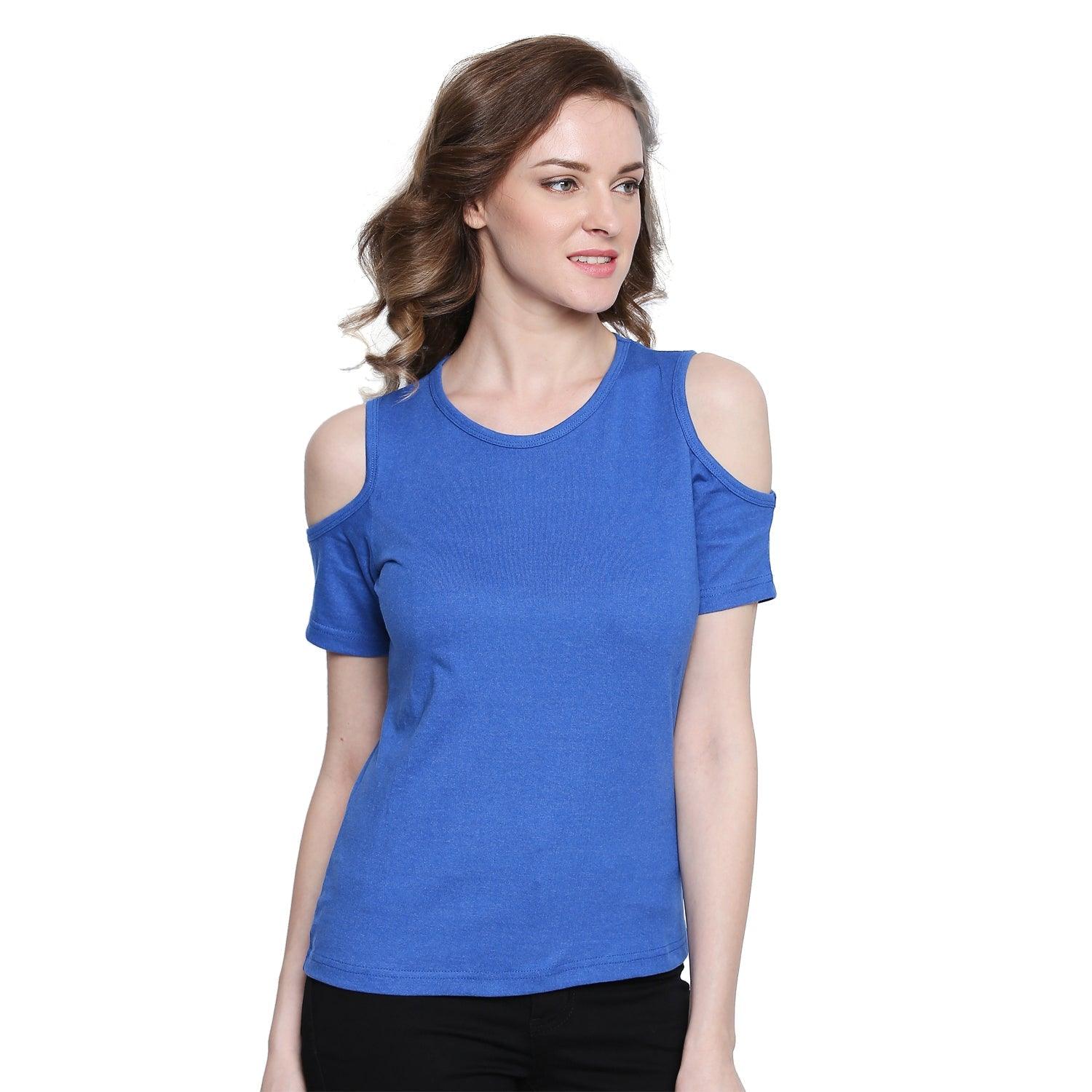 Women Solid Blue Round Neck Cold Shoulder T-shirt - Znxclothing