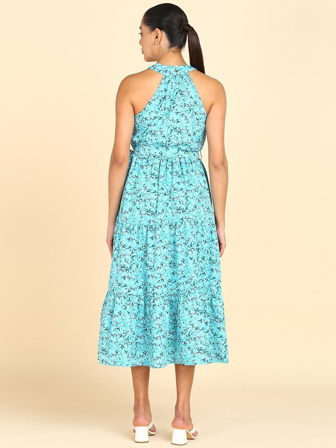 Floral Printed Tiered Sea Blue Dress - Znxclothing