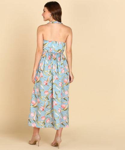 Floral Printed Sea Green Halter Neck Dress - Znxclothing