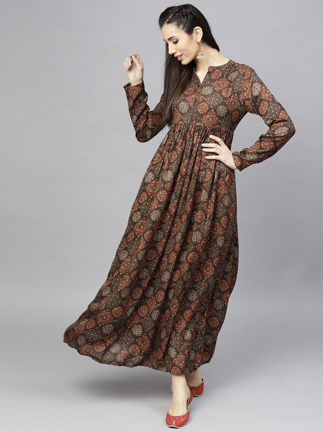 Brown Printed Pleated Maxi (Fully Stitched) - Znxclothing