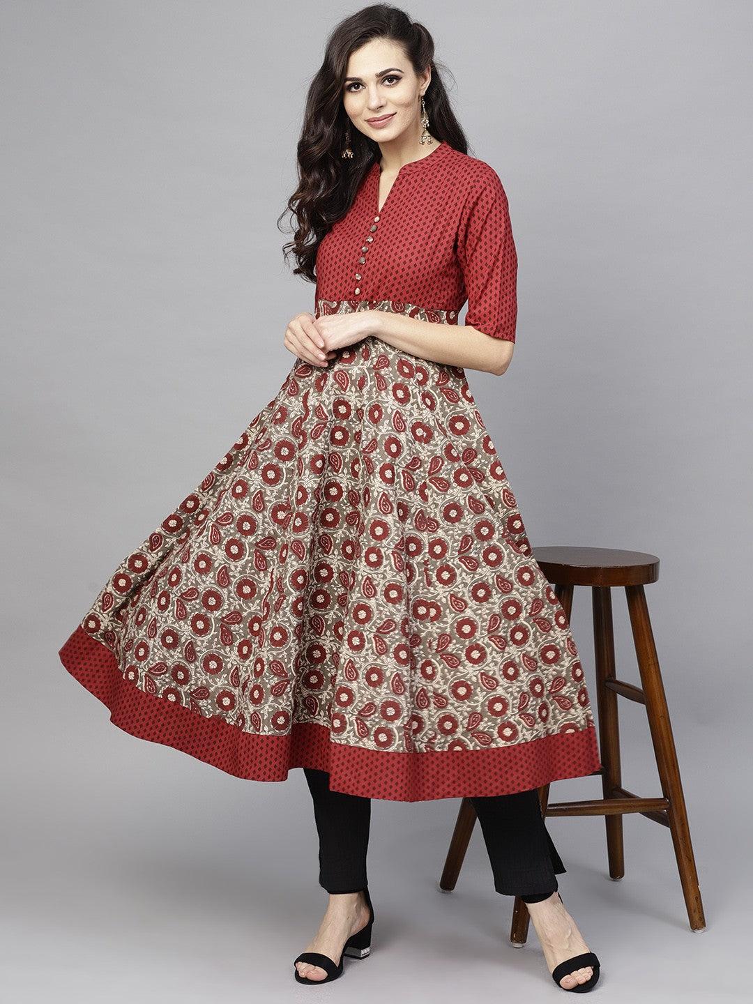 Maroon &amp; Grey Floral Printed Anarkali (Fully Stitched) - Znxclothing