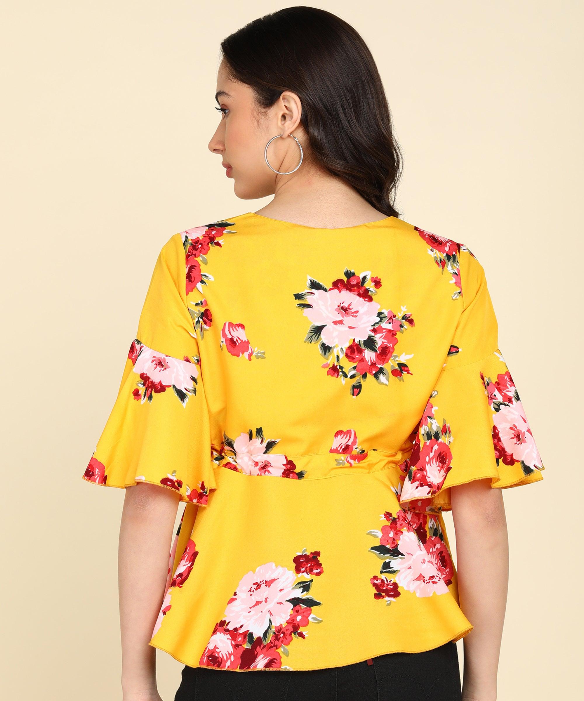 Floral Prinatd Yellow Top - Znxclothing