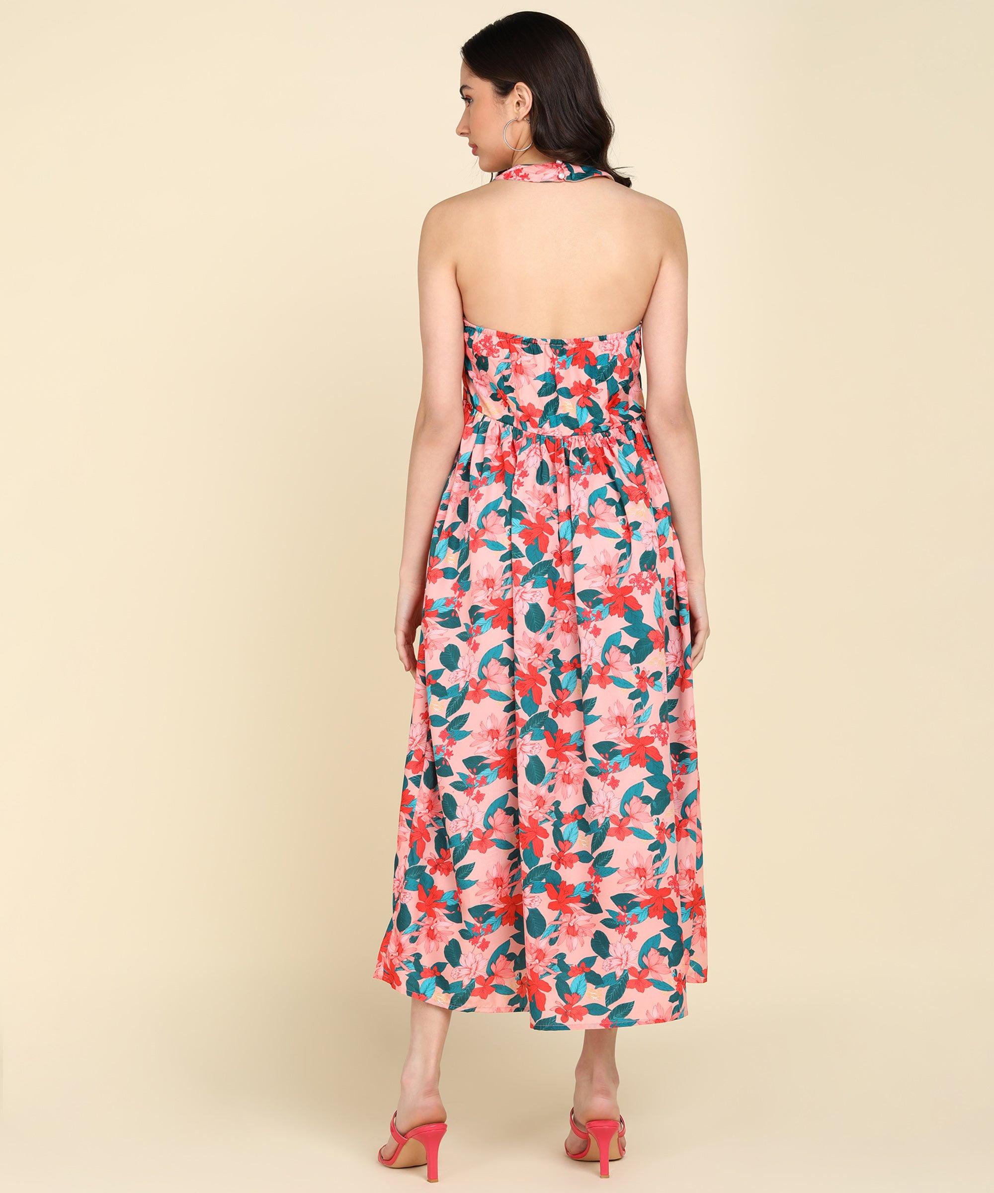 Red &amp; Green Floral Printed Halter Neck Dress - Znxclothing