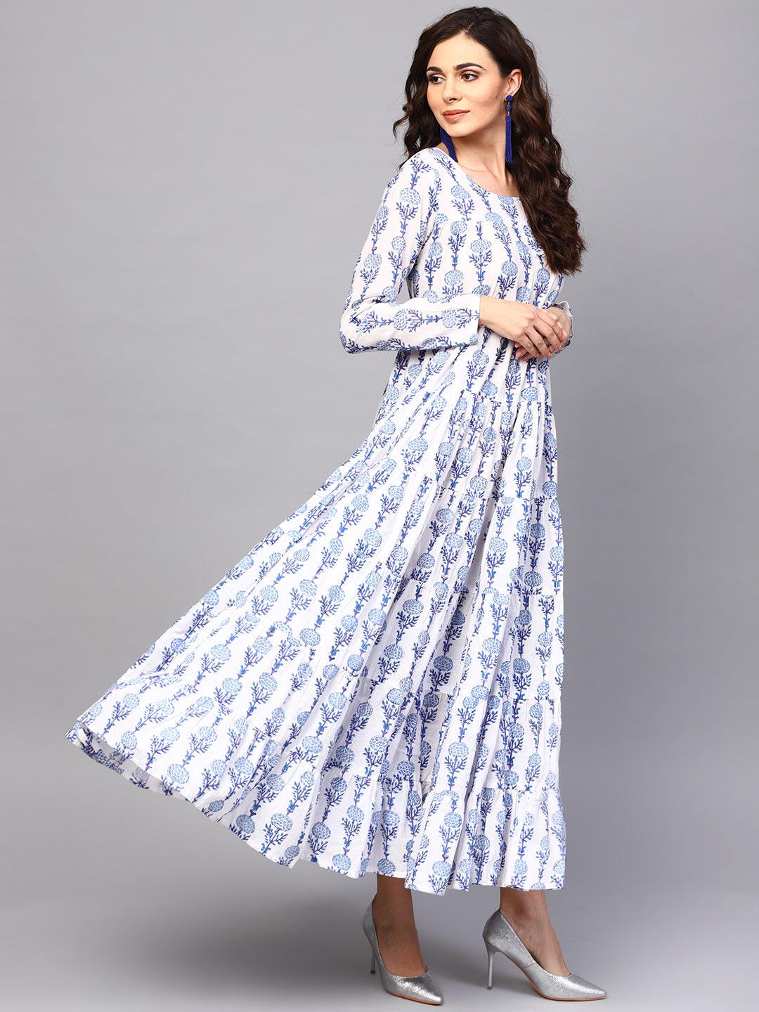 White &amp; Blue Floral Printed Tiered Maxi (Fully Stitched) - Znxclothing