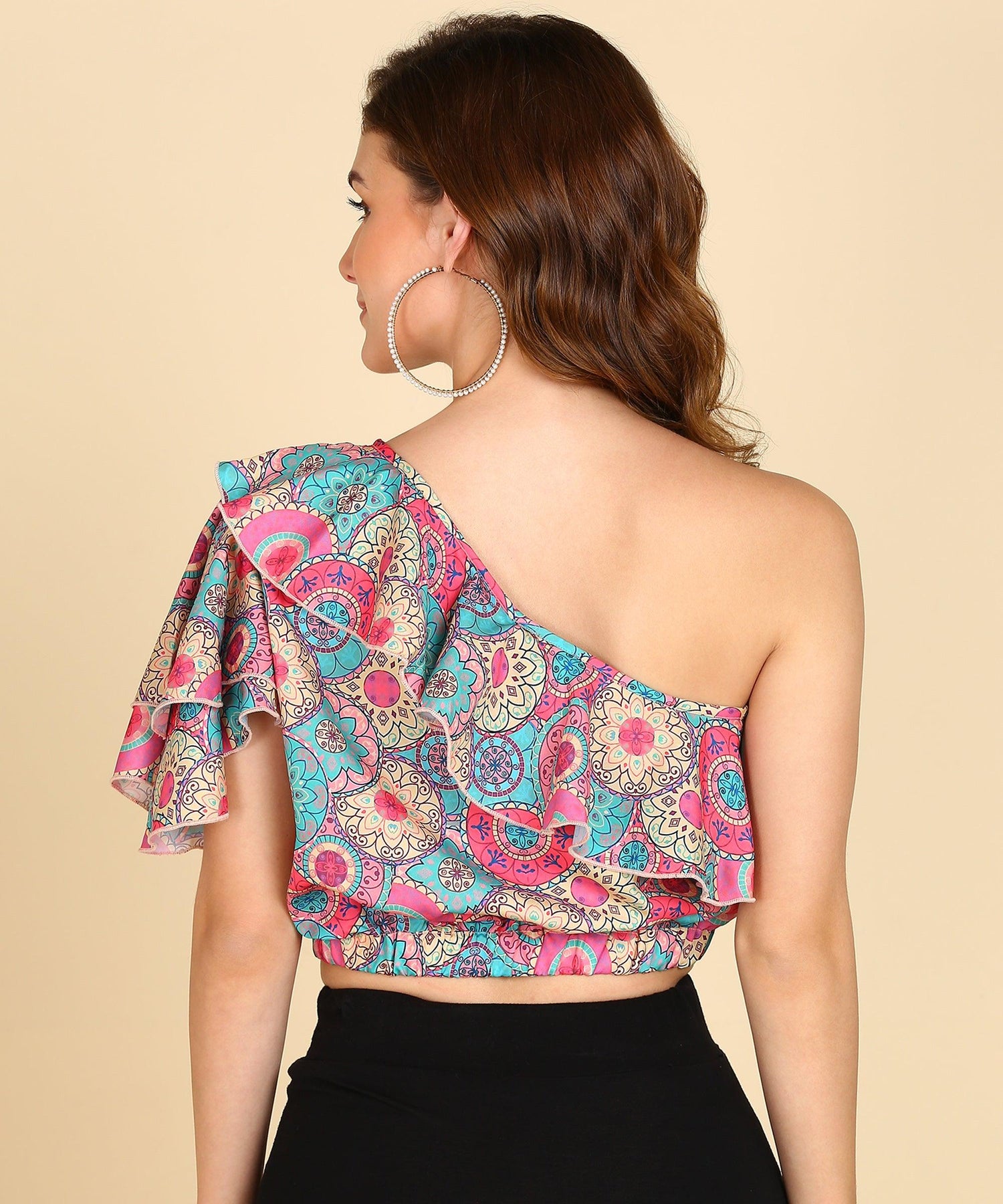 Geomatric Print Front Frilled Top With Designer Sleeve - Znxclothing