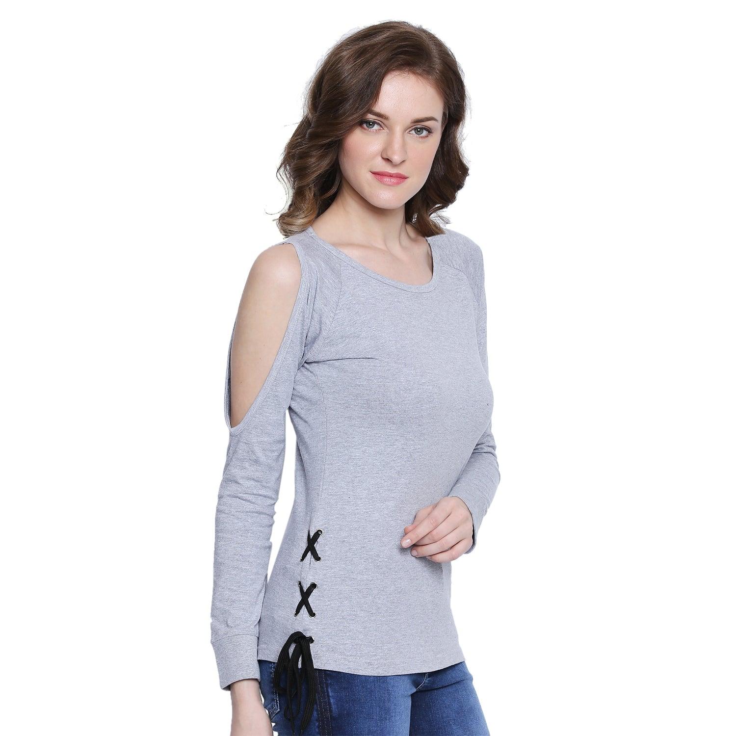 Women Solid light grey Full Sleeve T-Shirt - Znxclothing