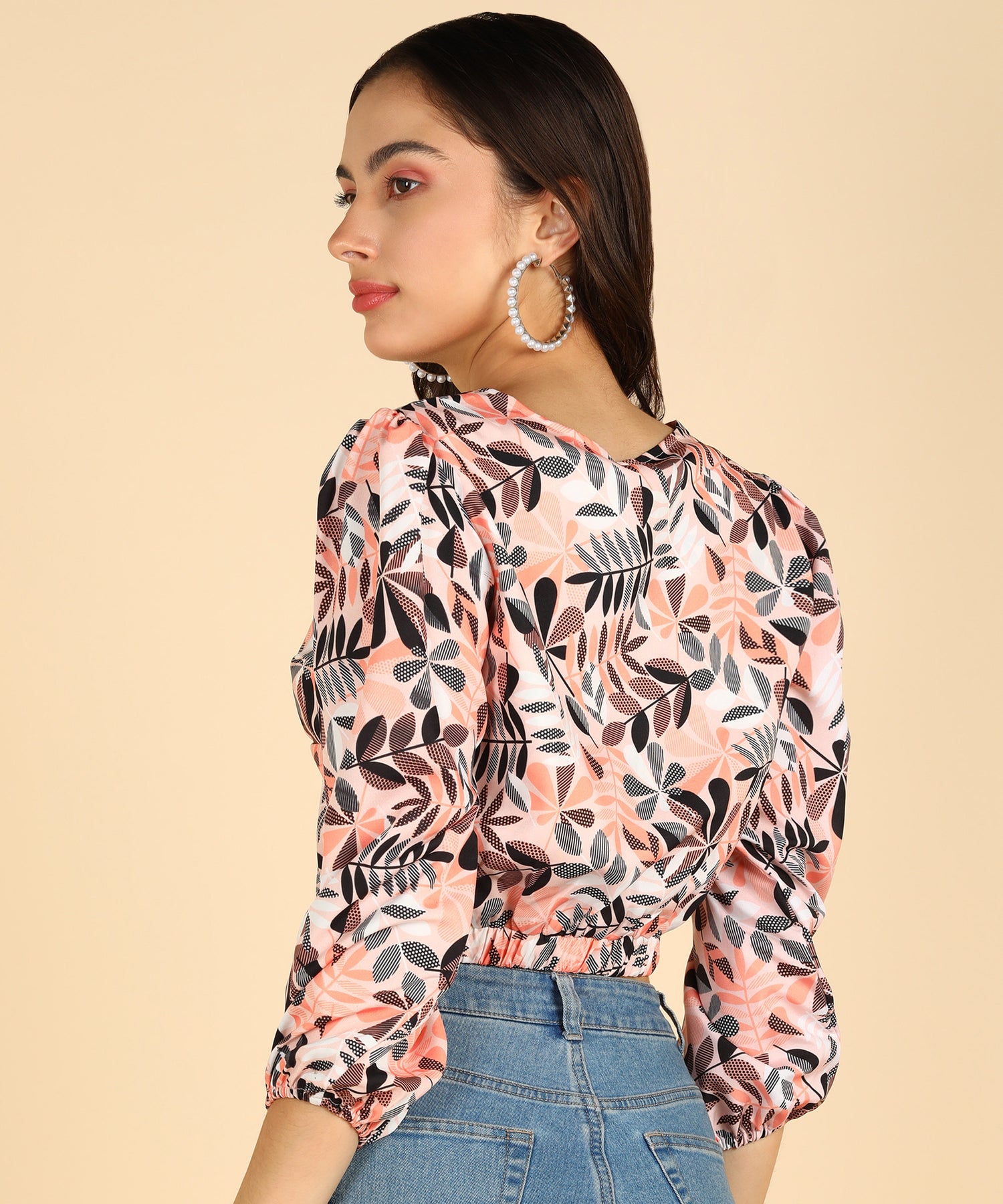 Beige Color Printed Front Knot Stylish Crop Top