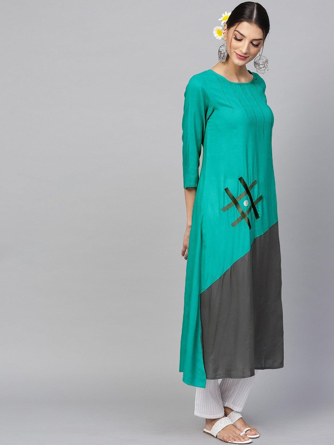 Teal &amp; Grey Embroidered A-Line Kurta (Fully Stitched) - Znxclothing