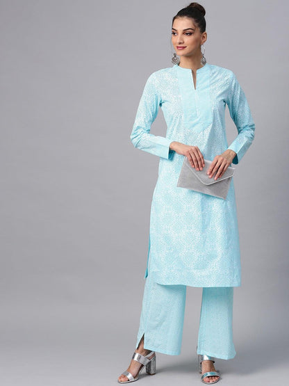 Turquoise Blue Khari Printed Straight Kurta (Fully Stitched) - Znxclothing