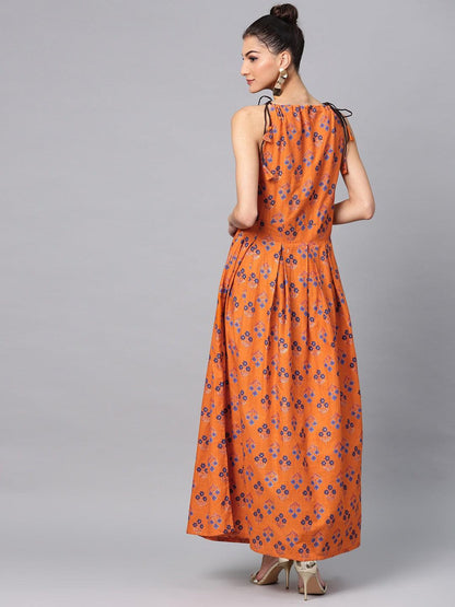 Orange Floral Printed Pleated Maxi (Fully Stitched) - Znxclothing