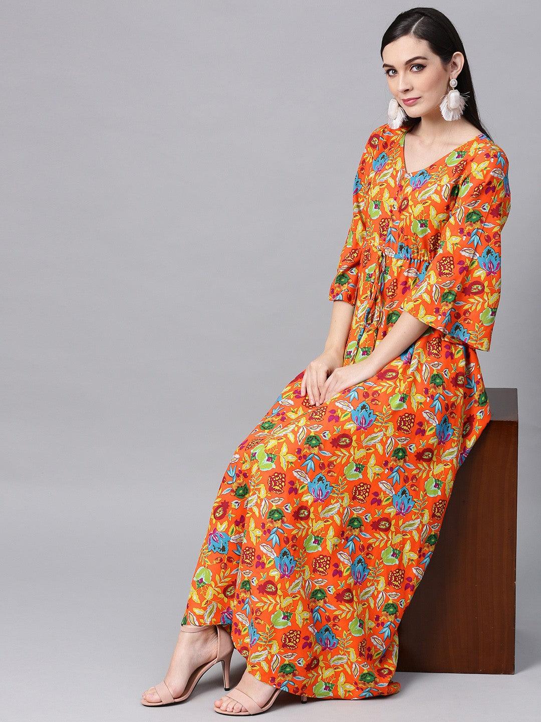 Orange Floral Printed Maxi With Flared Sleeve (Fully Stitched) - Znxclothing