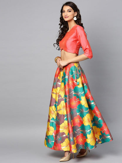 Multicolored Big Floral Jacquard Design Lehenga &amp; Solid Blouse Set (Fully Stitched) - Znxclothing