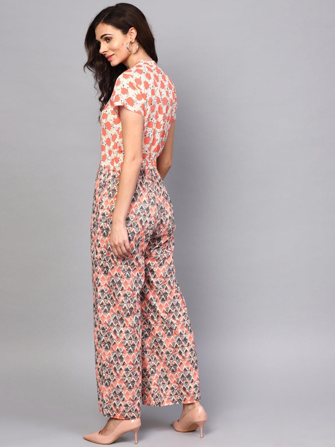 Cream &amp; Peach Printed Jumpsuit (Fully Stitched) - Znxclothing