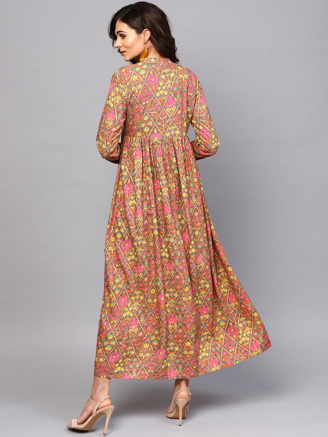 Grey &amp; Pink Gold Floral Printed Pleated Maxi (Fully Stitched) - Znxclothing