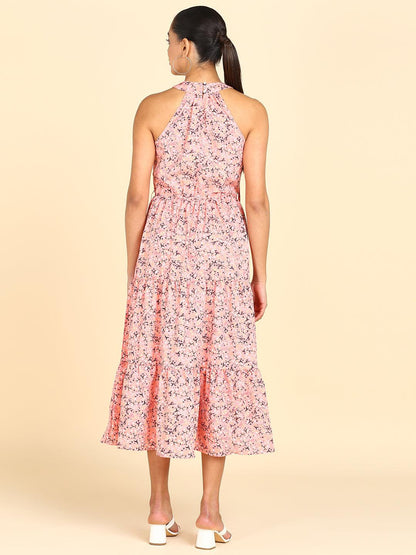 Floral Printed Tiered Peach Dress - Znxclothing