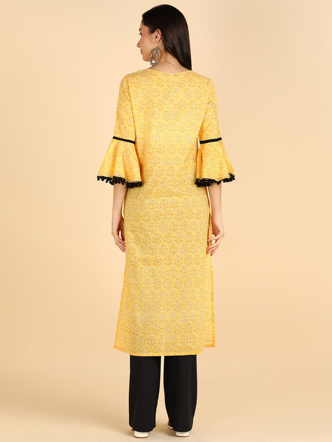 Floral Printed Straight Yellow Kurta With Sleeve Detailing