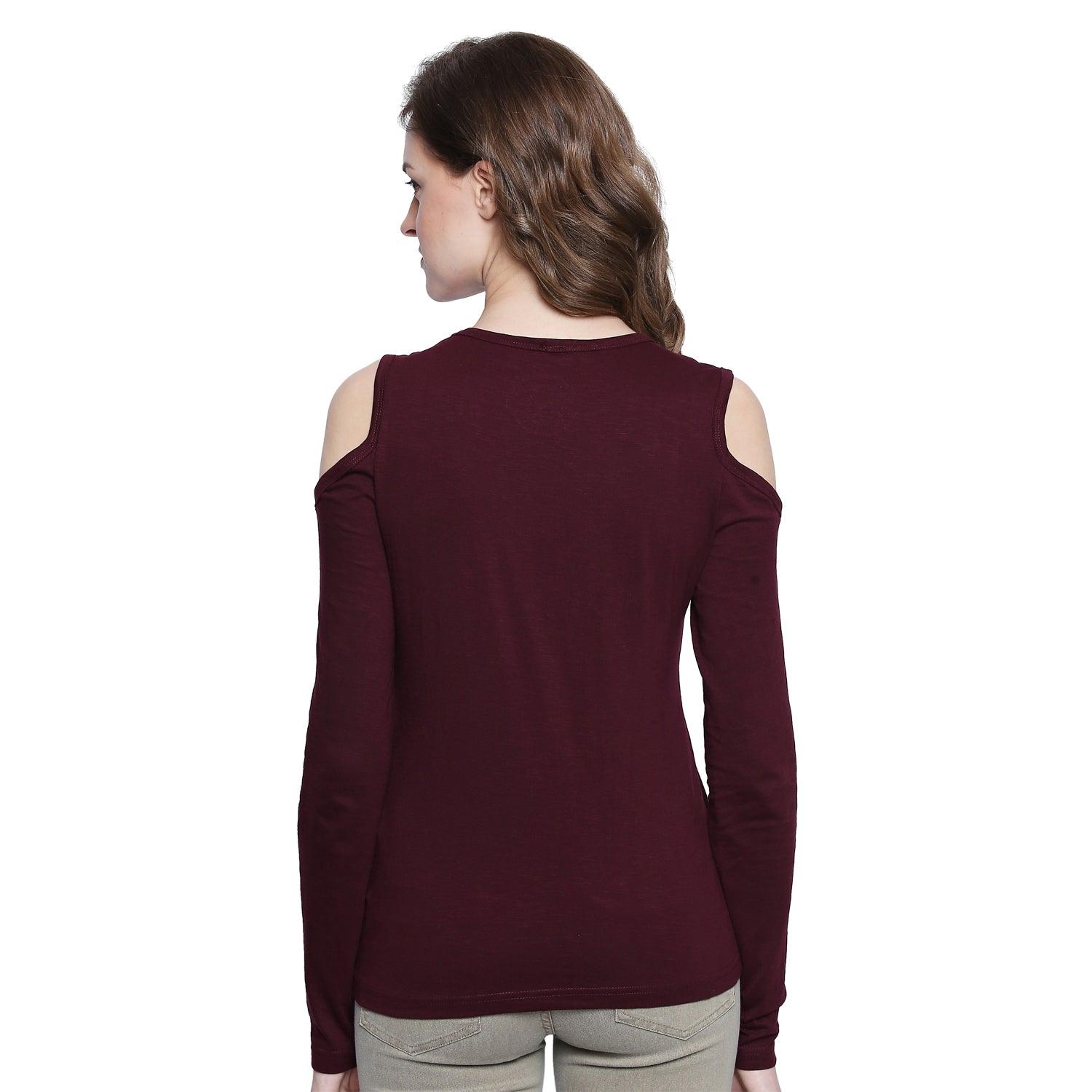 Women Solid Wine Red Cold Shoulder T-Shirt - Znxclothing