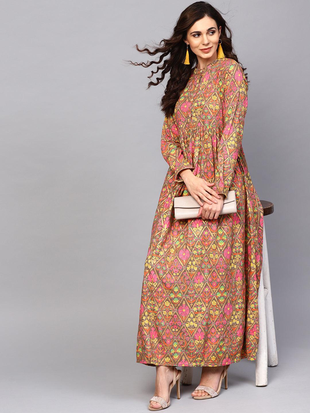 Grey &amp; Pink Gold Floral Printed Pleated Maxi (Fully Stitched) - Znxclothing