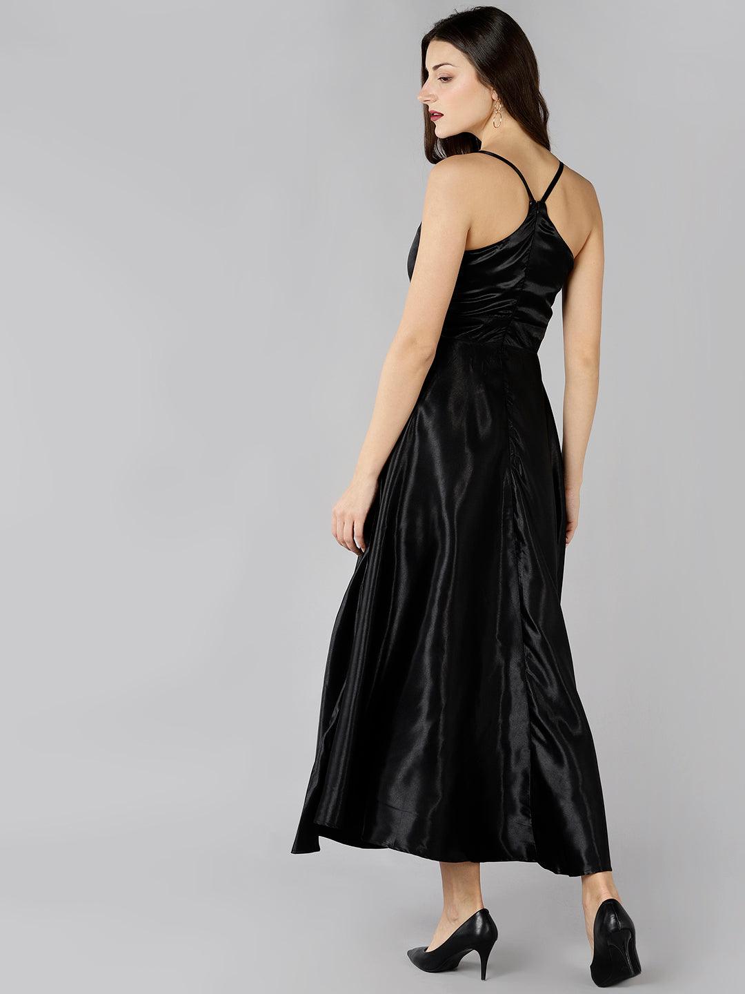 Znx Women Black Satin Designer Long Dress - Znxclothing