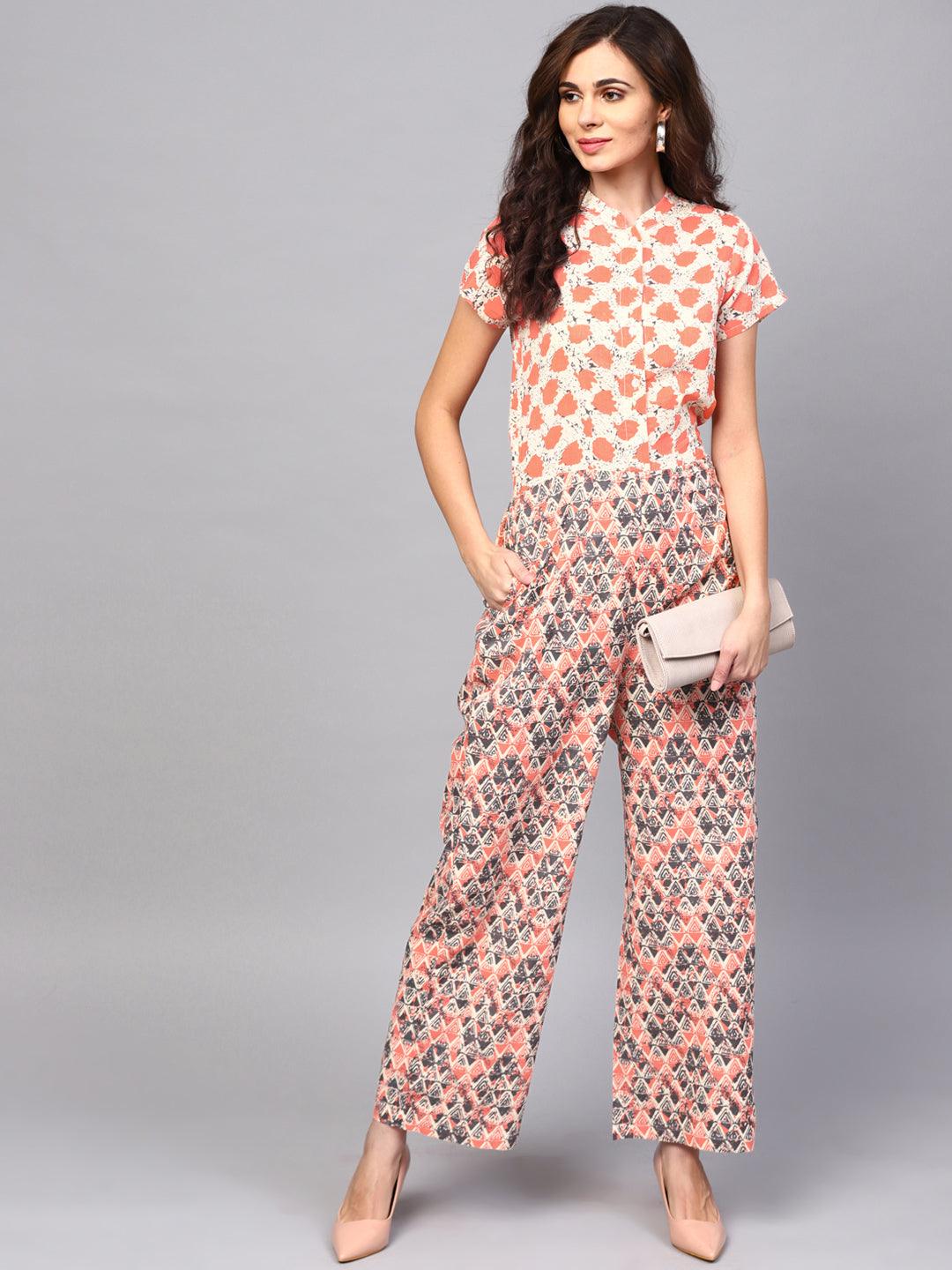 Cream &amp; Peach Printed Jumpsuit (Fully Stitched) - Znxclothing