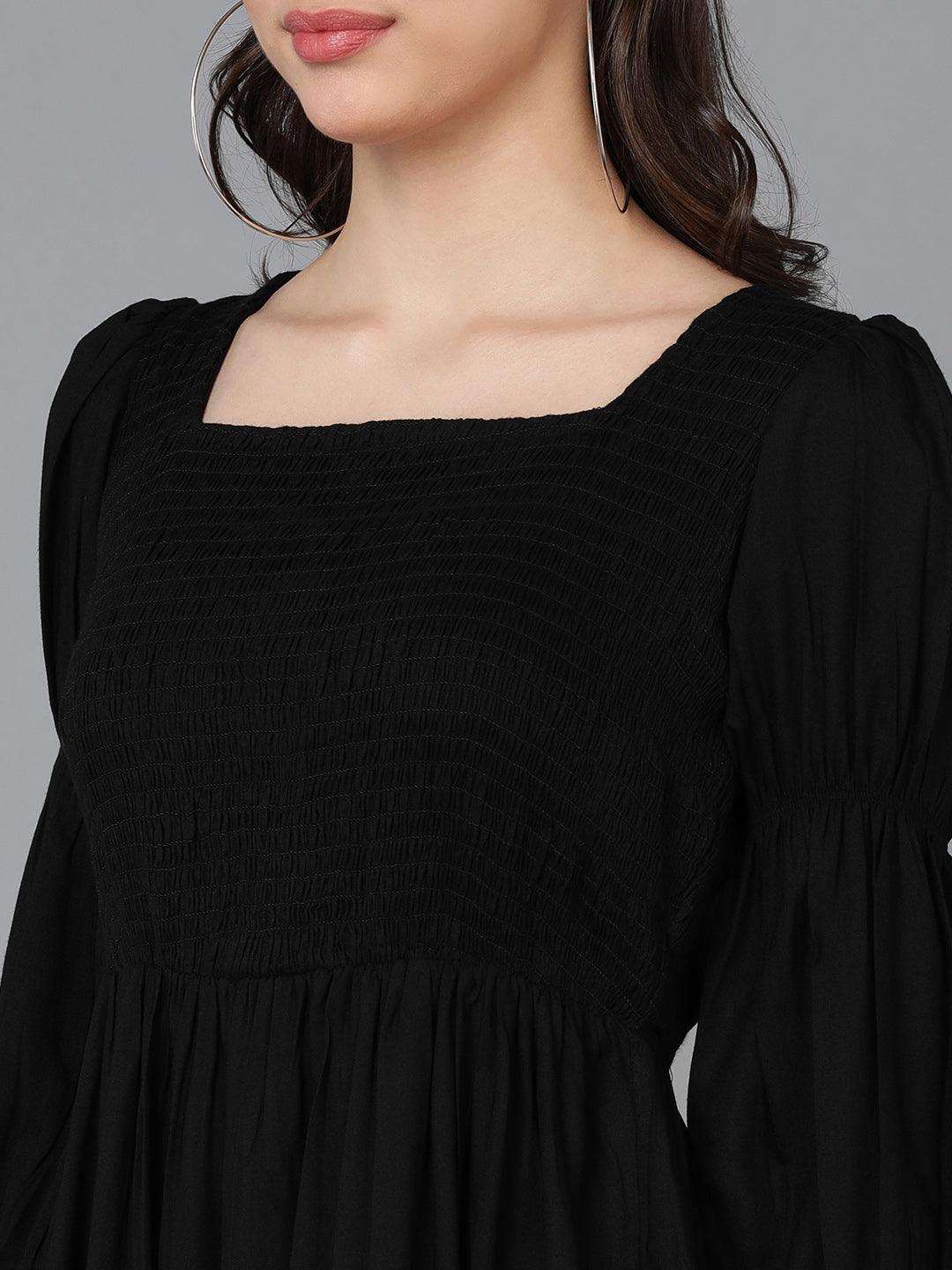 Solid Black Smocked Dress - Znxclothing