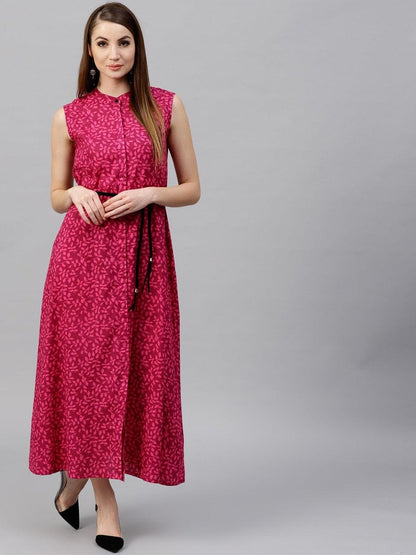 Magenta Printed Button Down Maxi Dress With Belt Details (Fully Stitched) - Znxclothing