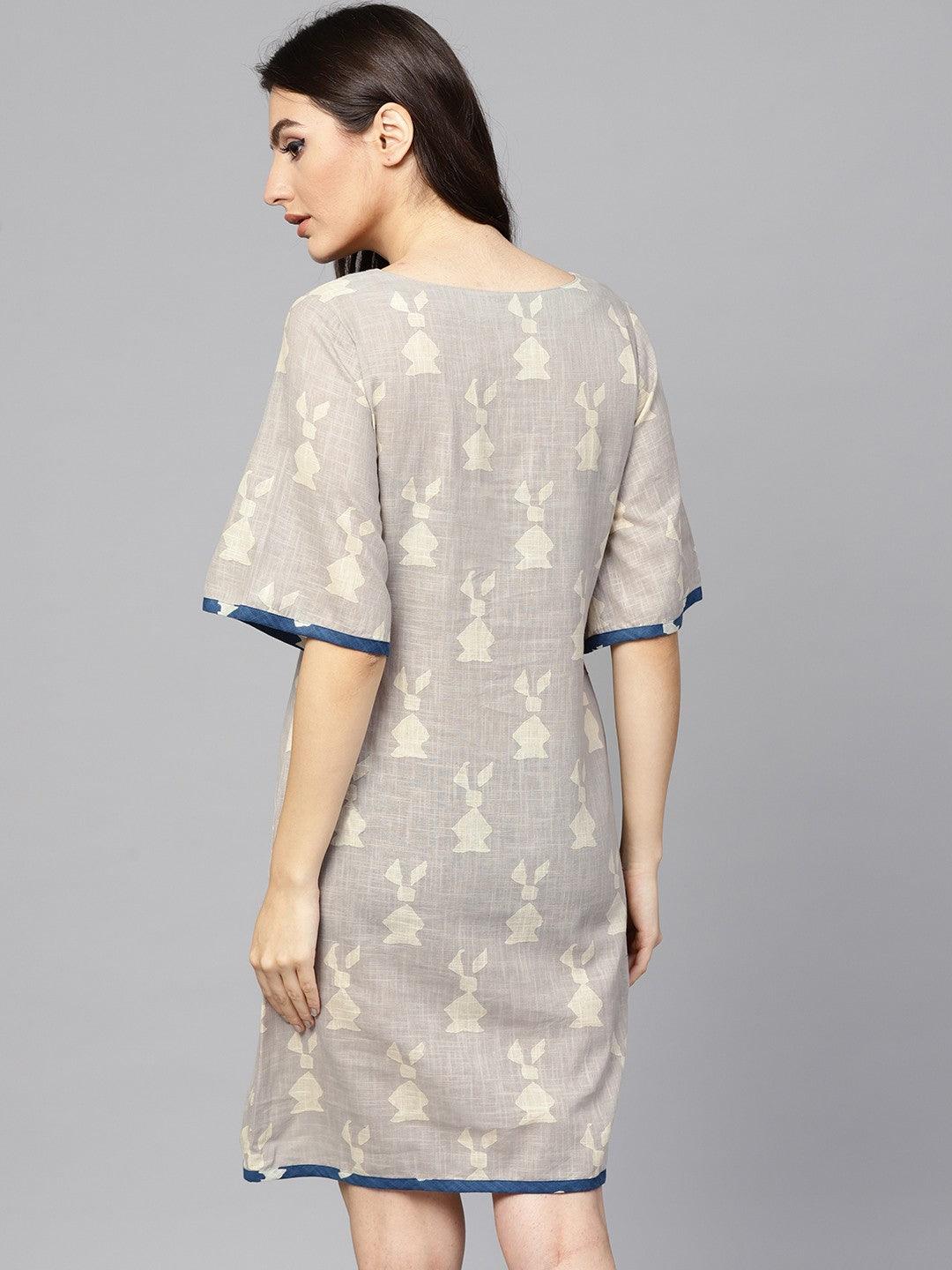 Beige Dabu Printed A-Line Dress (Fully Stitched) - Znxclothing