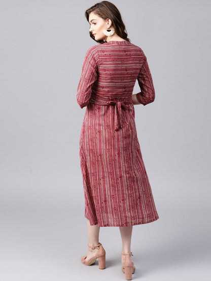 Maroon &amp; Beige Striped Printed Button Down Dress (Fully Stitched ) - Znxclothing