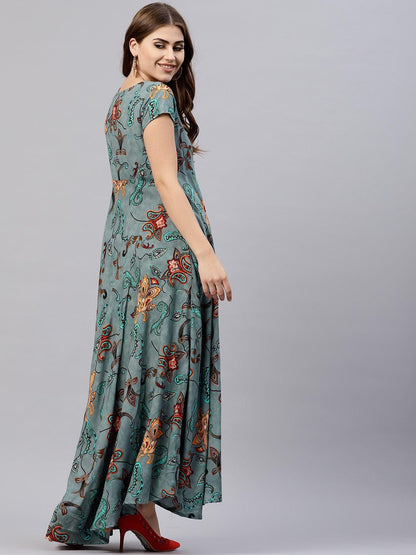 Grey Printed Flared Maxi (Fully Stitched ) - Znxclothing