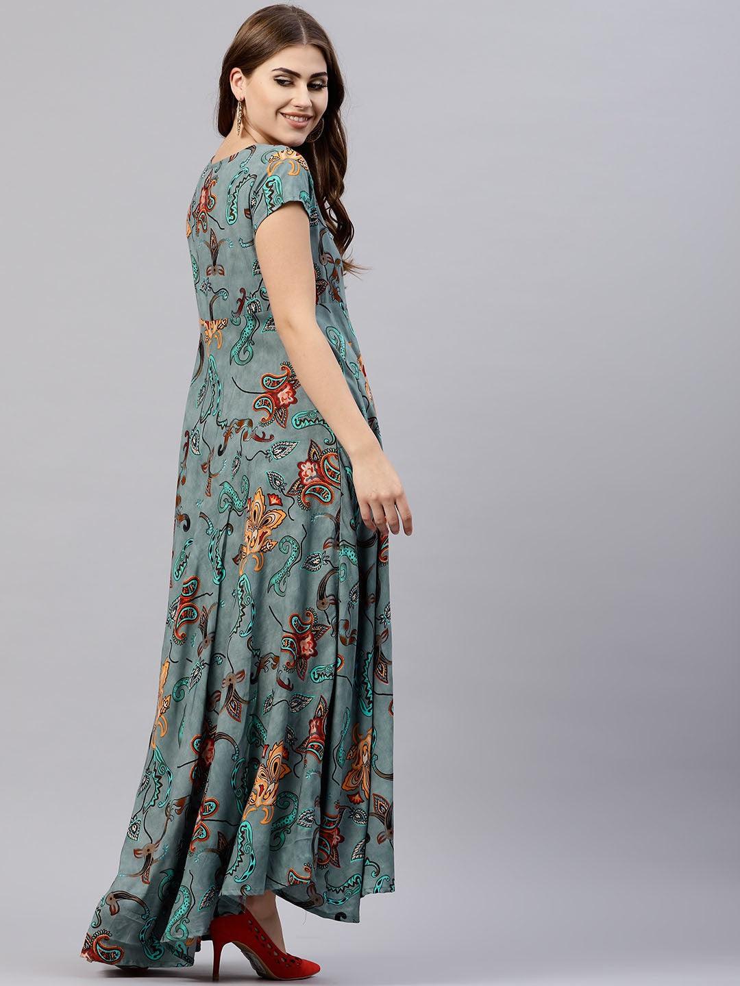 Grey Printed Flared Maxi (Fully Stitched ) - Znxclothing