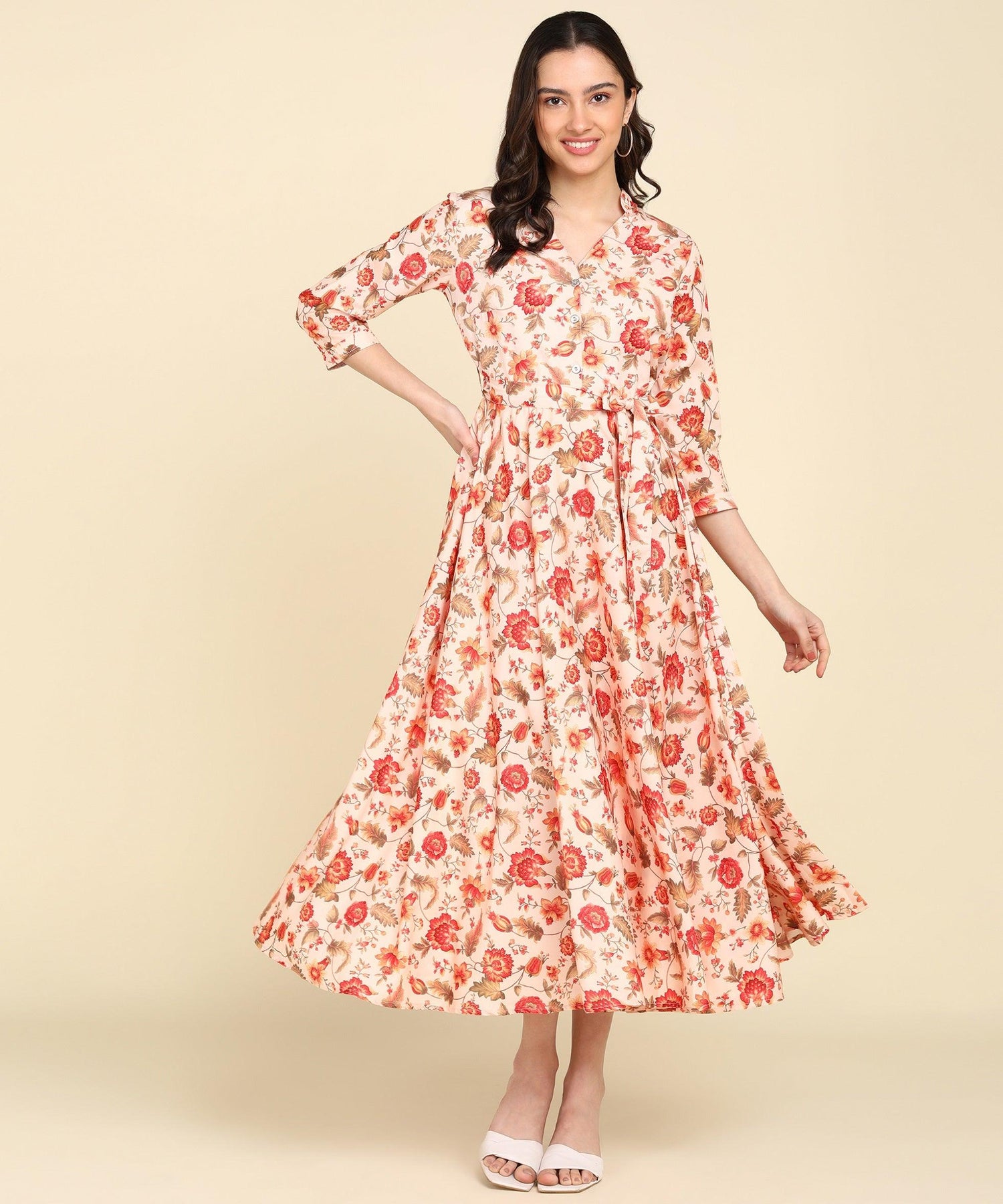 Red Floral Printed Beige Flared Dress - Znxclothing