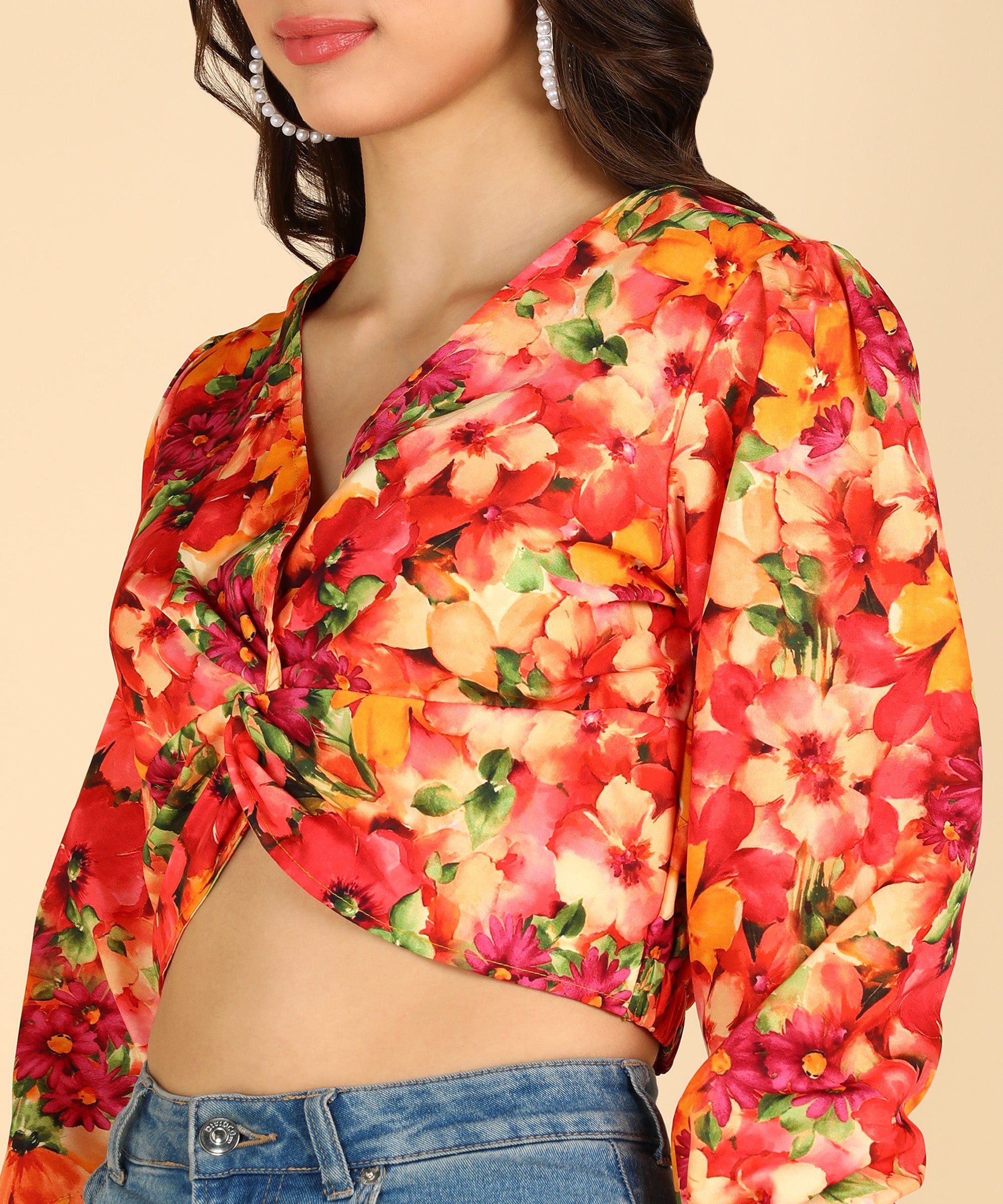 Orange Color Printed Front Knot Stylish Crop Top