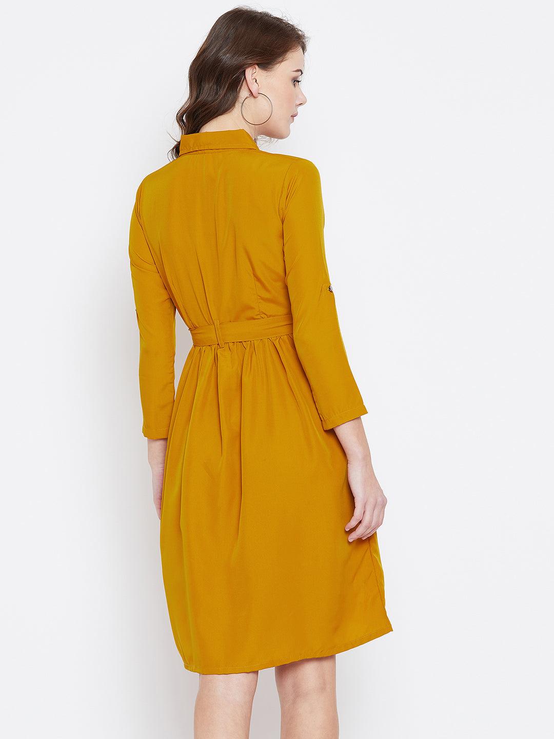 Mustard Yellow Solid Shirt Dress - Znxclothing