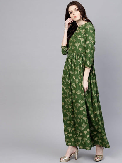 Green Gold Printed Pleated Maxi (Fully Stitched) - Znxclothing