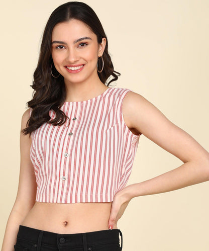 Cream &amp; Red Striped Styled Back Crop Top - Znxclothing