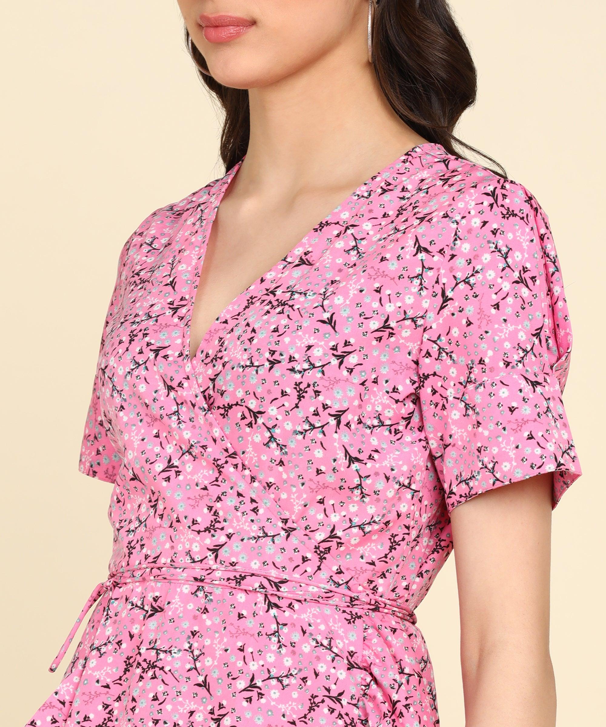 Pink Floral Printed Frill Dress - Znxclothing