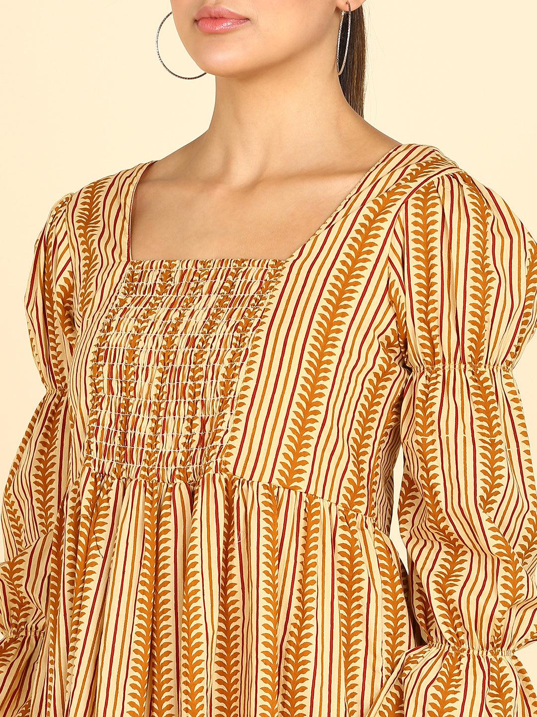 Brown Leaf Strip Printed Smocked Yellow Dress - Znxclothing