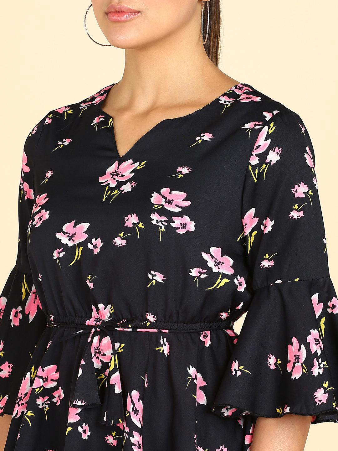 Floral Printed Black Empire Top - Znxclothing