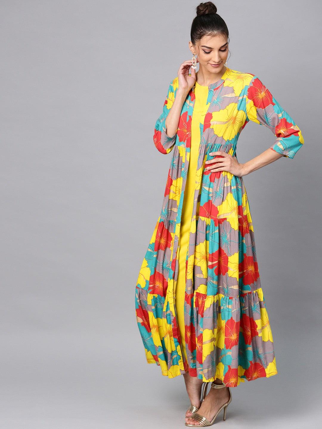 Multicolored Big Floral Printed Tiered Double Layered Maxi (Fully Stitched ) - Znxclothing