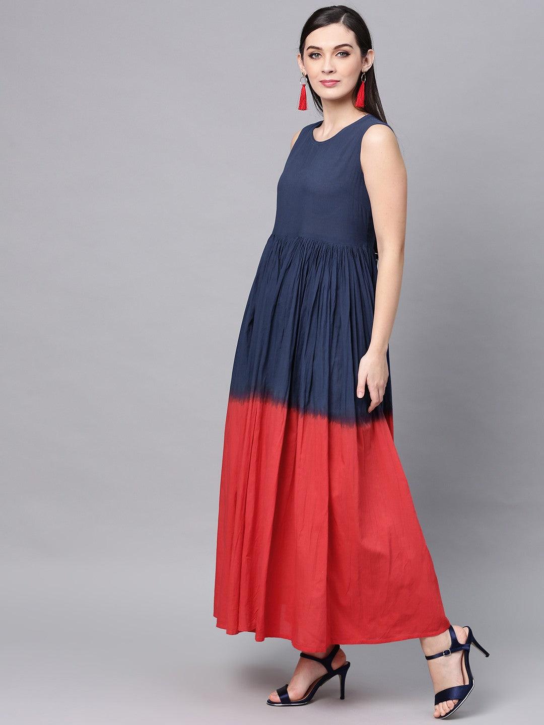Blue &amp; Red Tie &amp; Dye Printed Flared Maxi (Fully Stitched) - Znxclothing