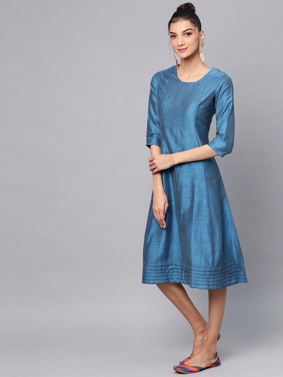 Blue Solid A-Line Dress With Pleated Work (Fully Stitched) - Znxclothing
