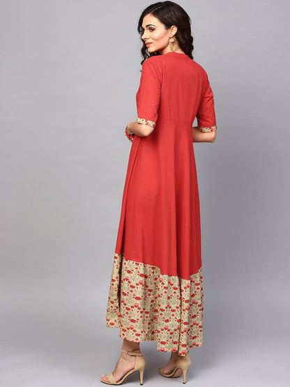 Red Solid Flared Maxi With Printed Hemline (Fully Stitched) - Znxclothing