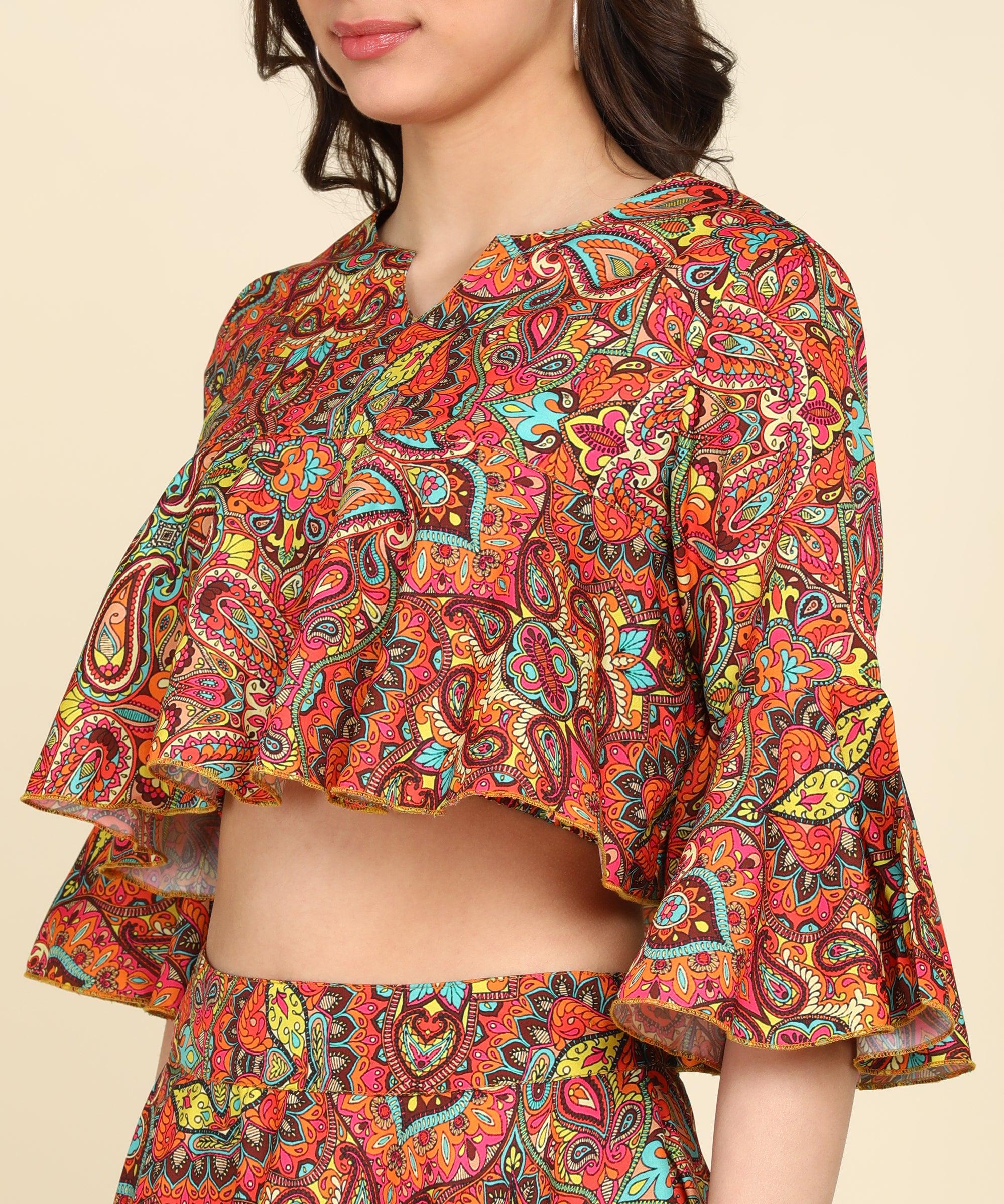 Mutlicolor Printed Skirt With Bell Sleeve Crop top - Znxclothing