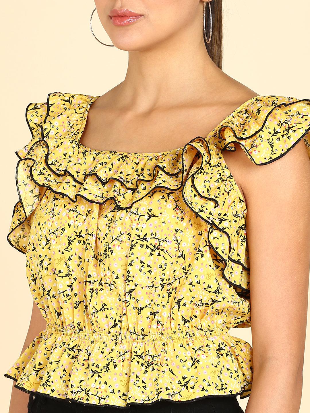 Floral Printed Yellow Empire Top - Znxclothing