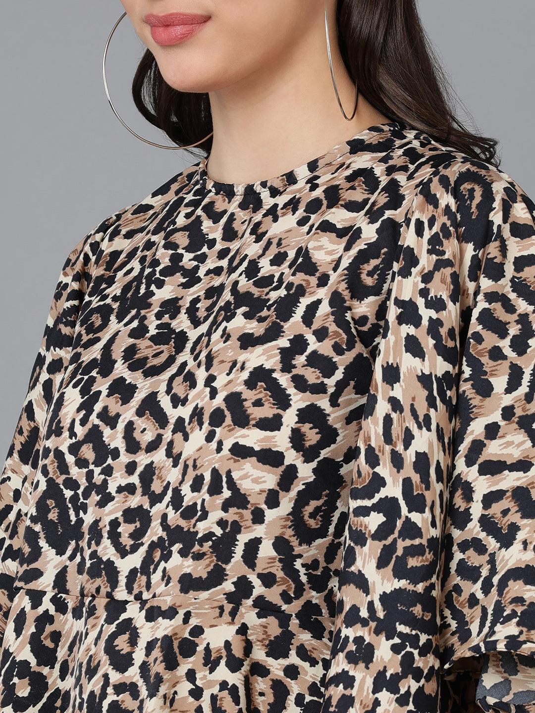 Beige Animal Printed Top With Flared Sleeve - Znxclothing