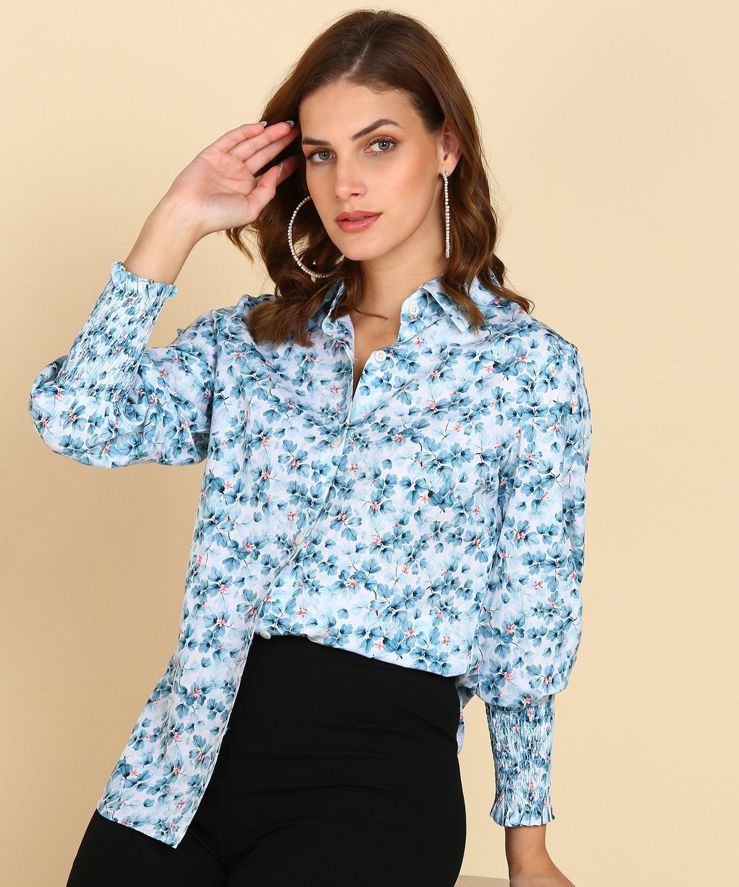 Sky Blue Floral Printed Shirt With Smocked Sleeve - Znxclothing