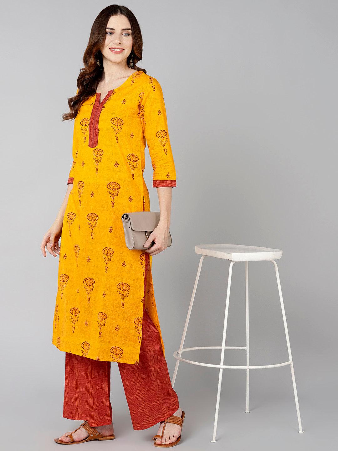 Red Floral Printed Yellow Kurta With Palazzo - Znxclothing
