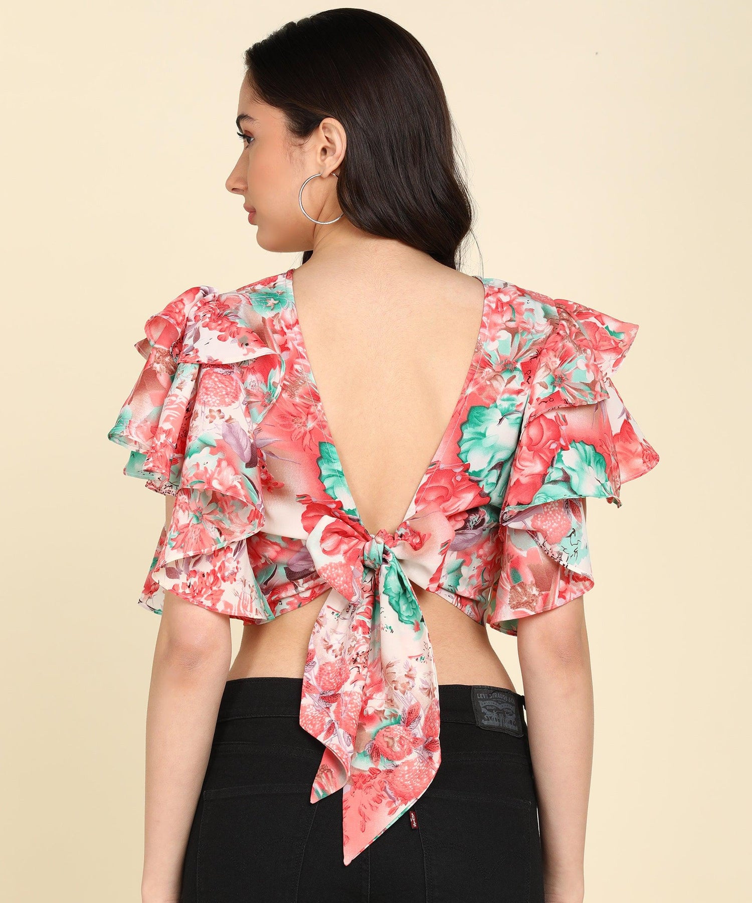 Peach Floral Styled Back Top - Znxclothing