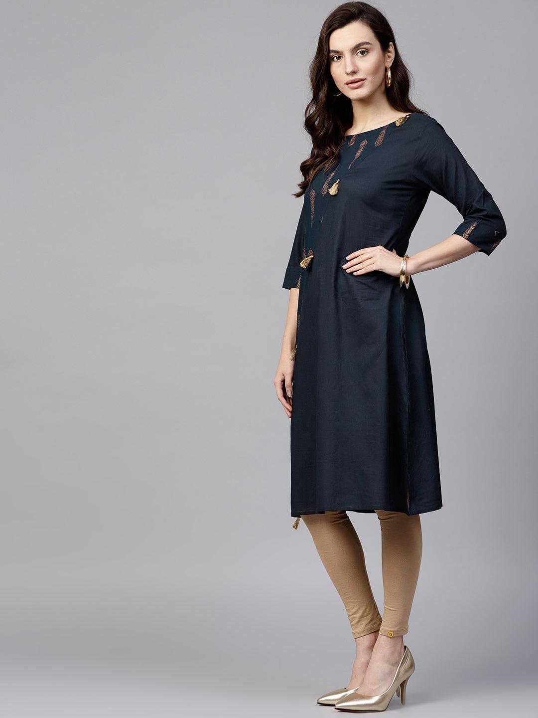 Navy Blue &amp; Golden Printed A-Line Kurta - Znxclothing